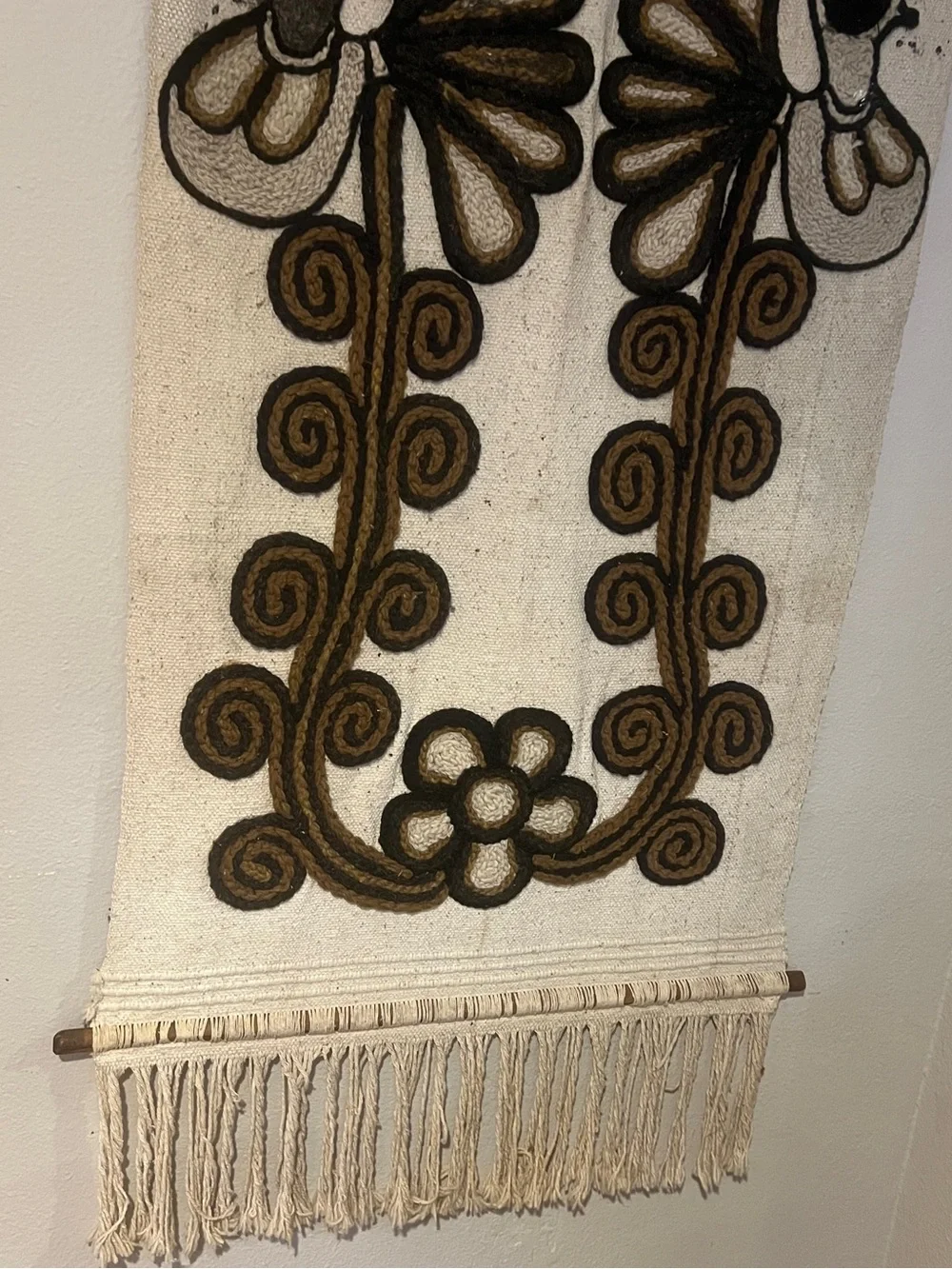 Handcrafted Cream and Brown Floral Bird Tapestry Wall Hanging